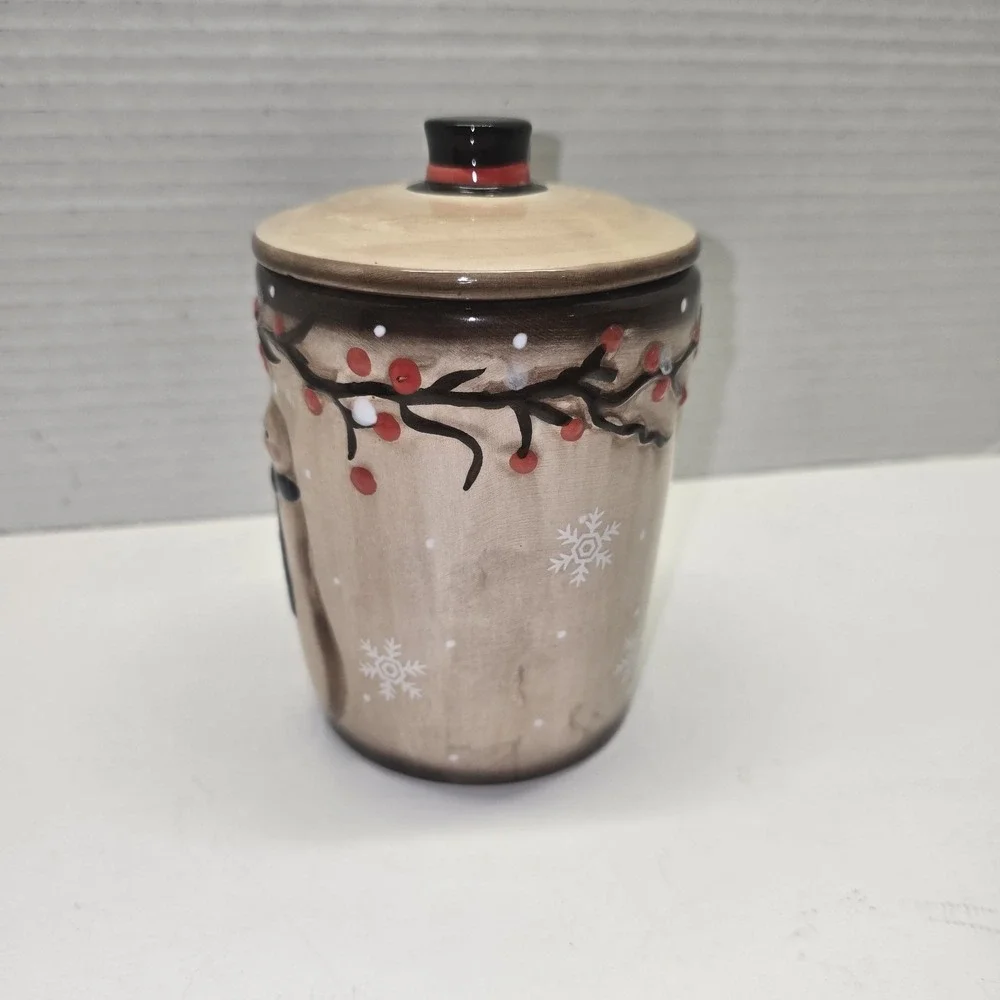 LTD Commodities Snowmen with Holly Lidded Canister Small Brown Seasonal‎ Cute